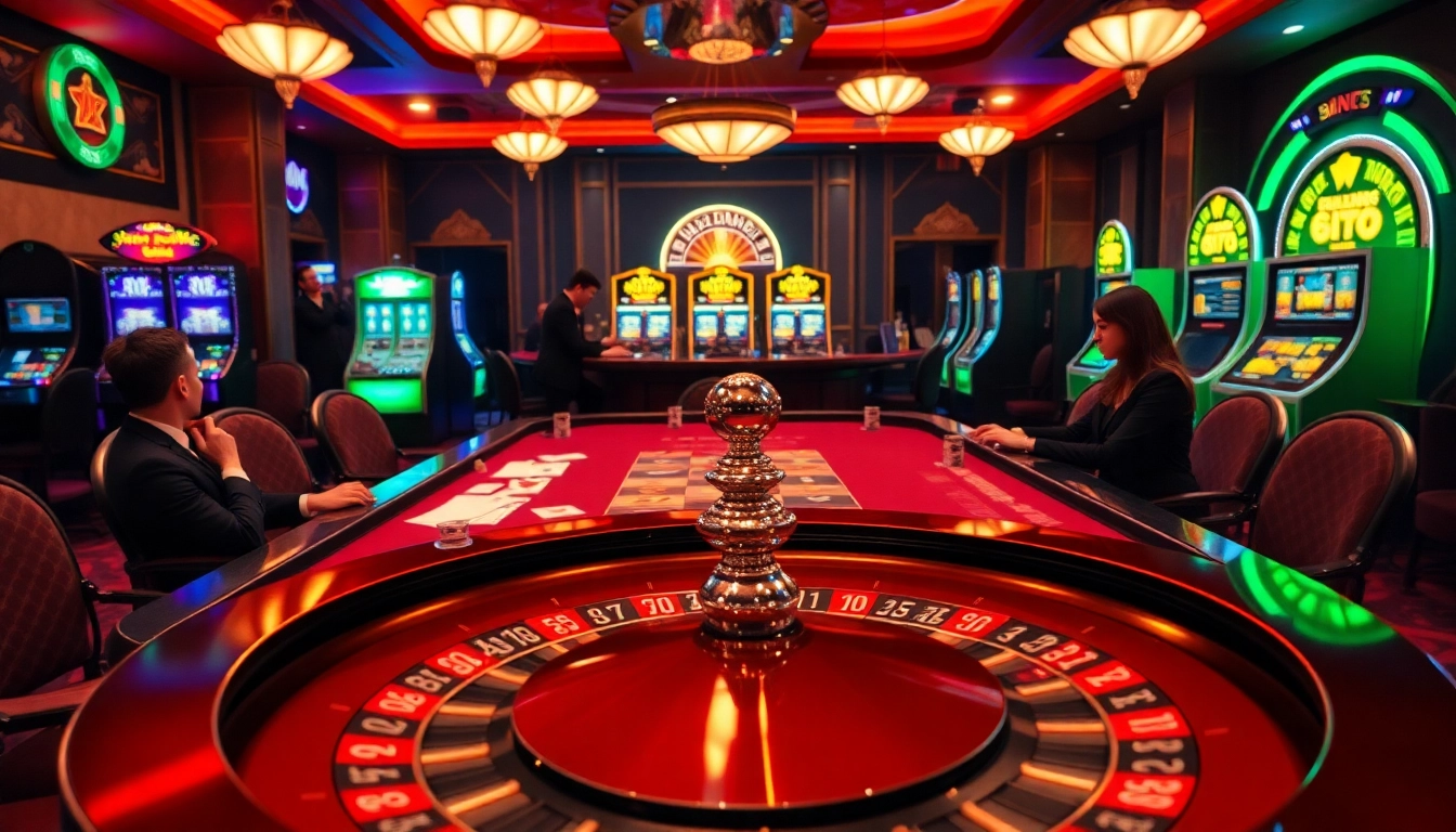 Exciting casino scene showcasing keonhacai 5 strategies with poker tables and roulette.