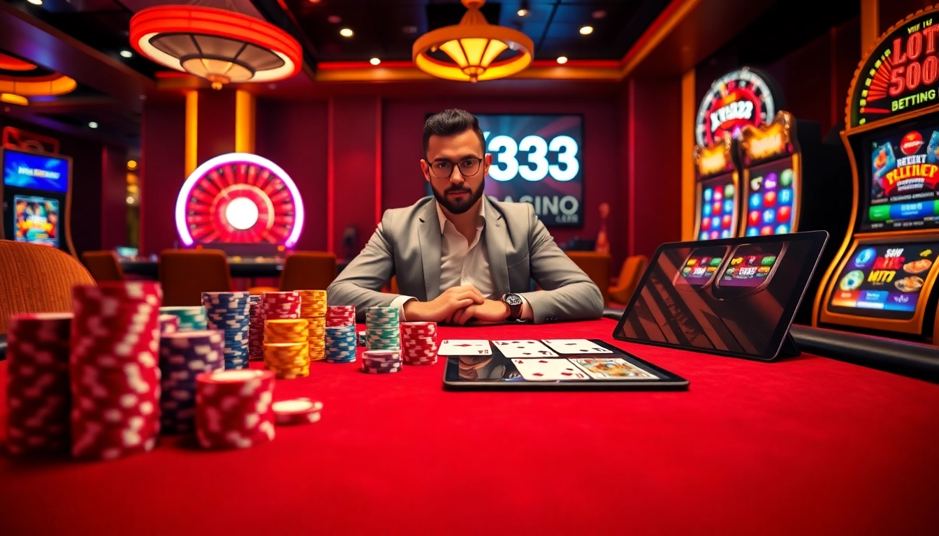 Professional gambler executing strategic blackjack moves at the X333 casino table with poker chips and digital betting slip