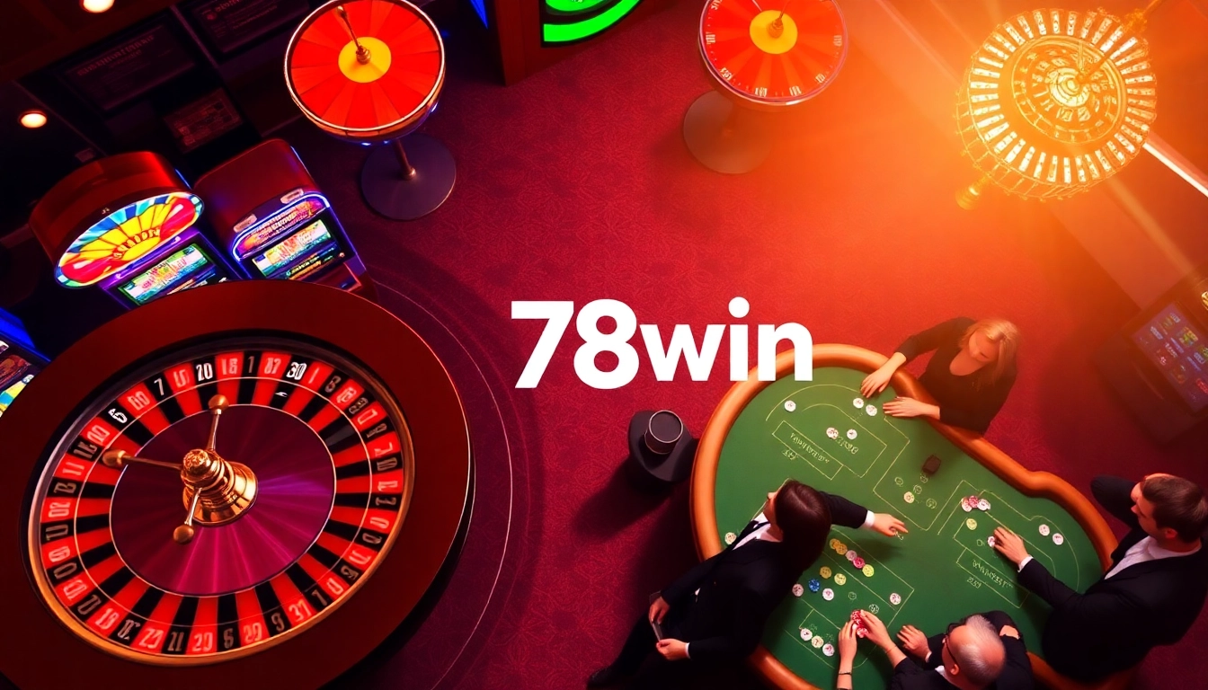 Experience the thrill of 78win with a captivating casino scene filled with roulette and blackjack excitement.