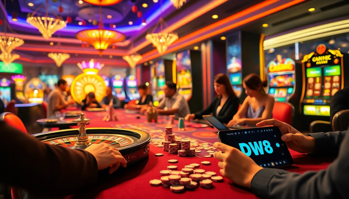 Experience thrilling gaming with DW8 at a luxurious casino table filled with chips and roulette wheels.