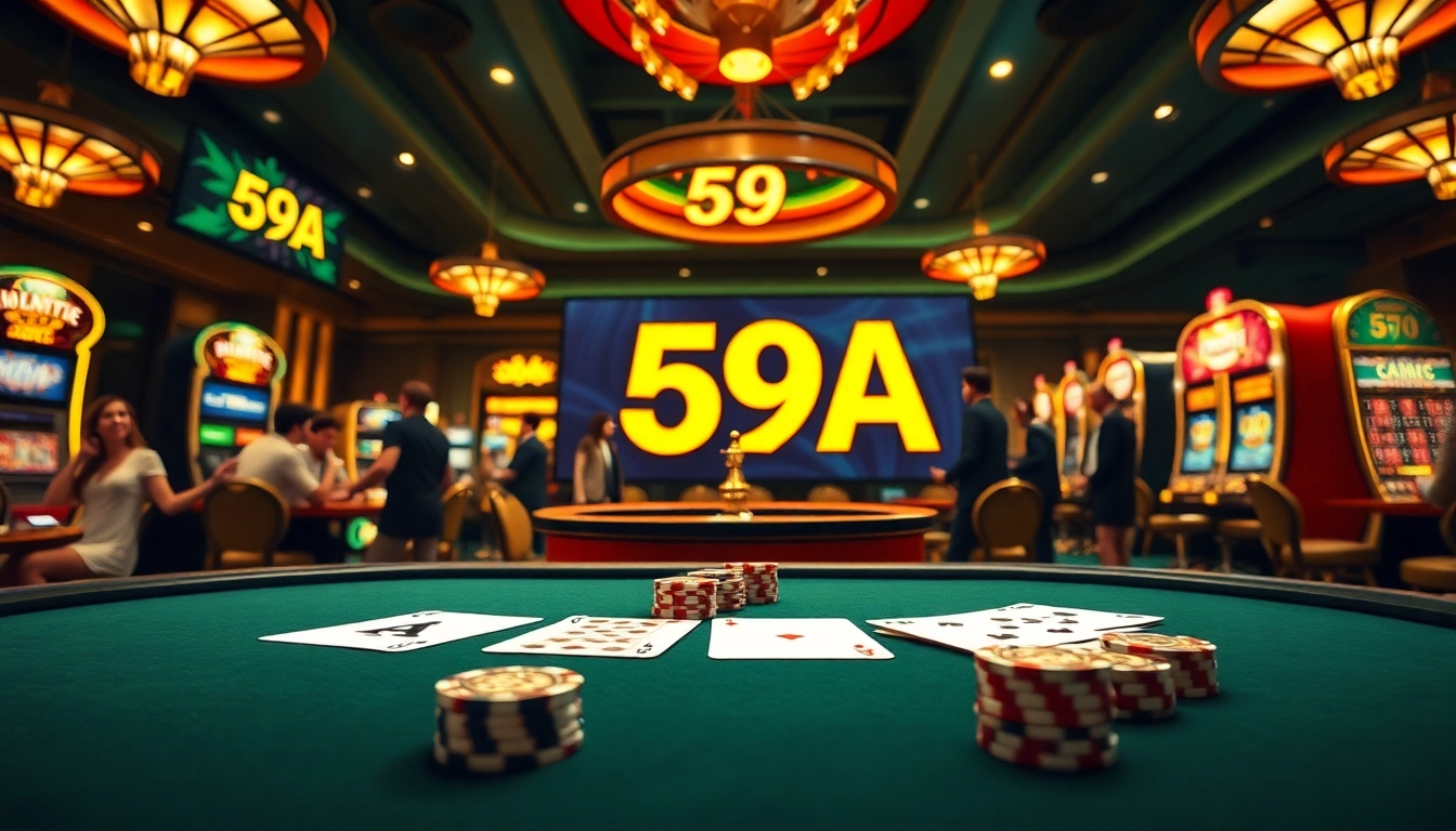 Uma cena dinâmica de cassino exibindo empolgação com a marca da 59A, incluindo uma mesa de pôquer e uma roleta.