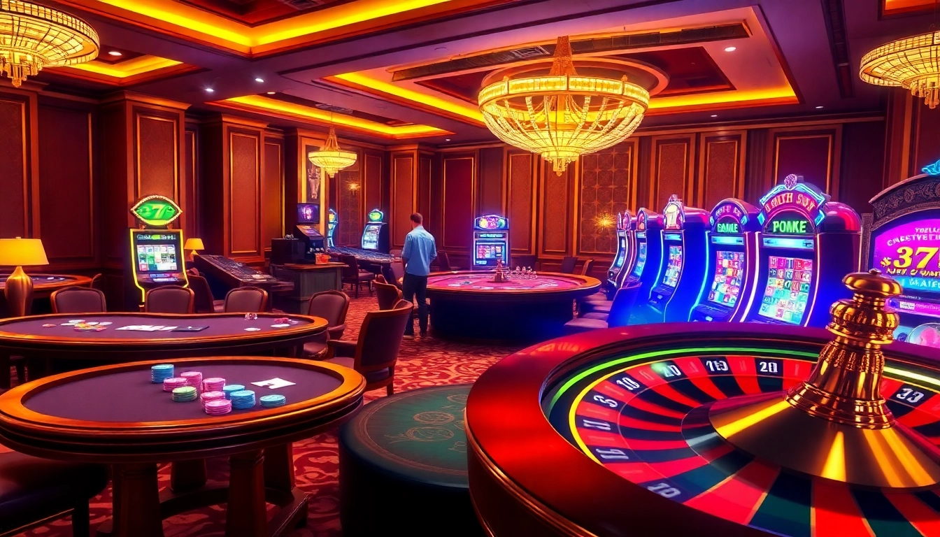 Engaging scene of 7hh online casino featuring vibrant slot machines, poker tables, and roulette wheels.