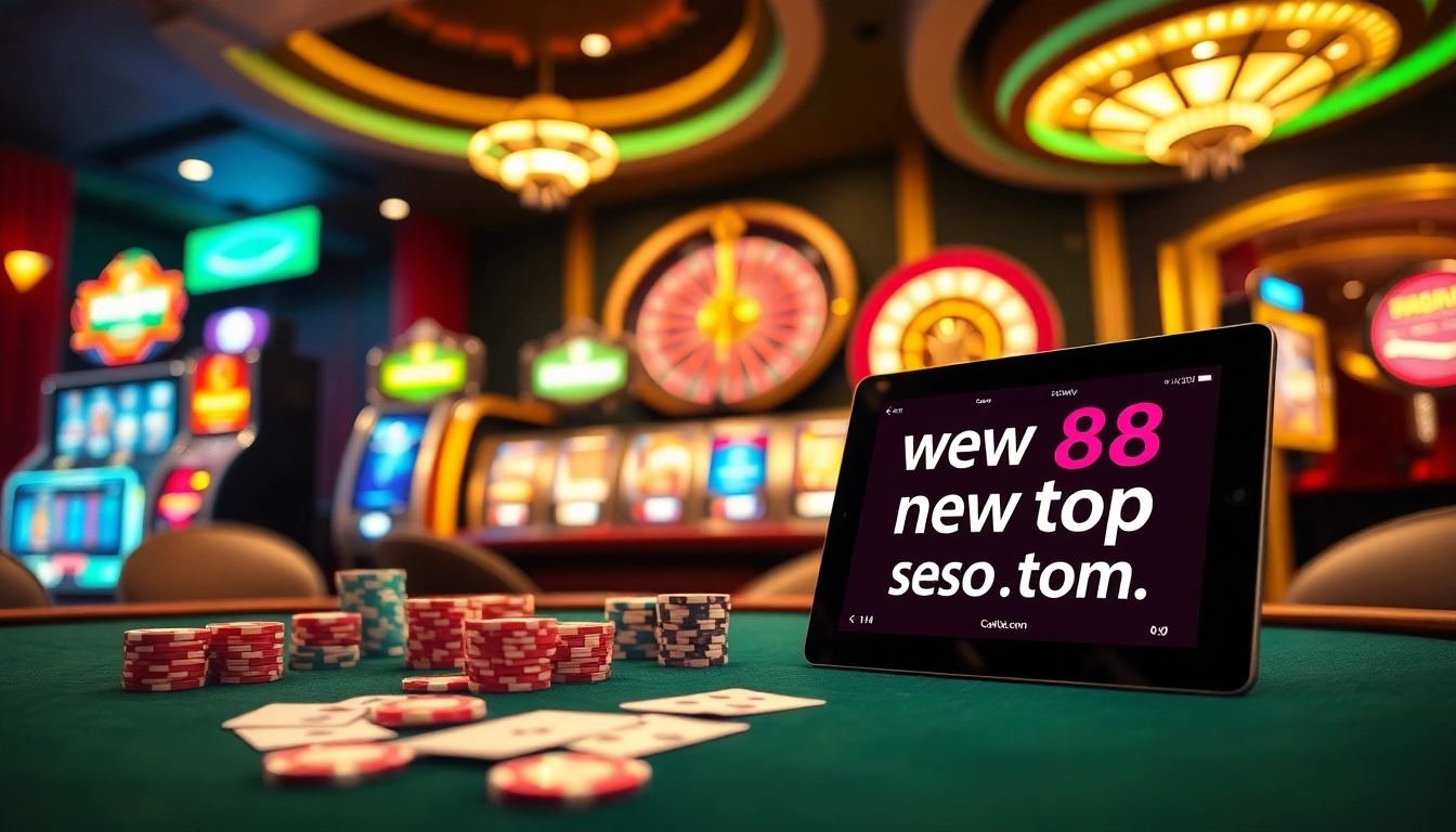 Experience high-stakes gaming with the vibrant atmosphere of www.new88seotop.com featuring poker chips and slot machines.