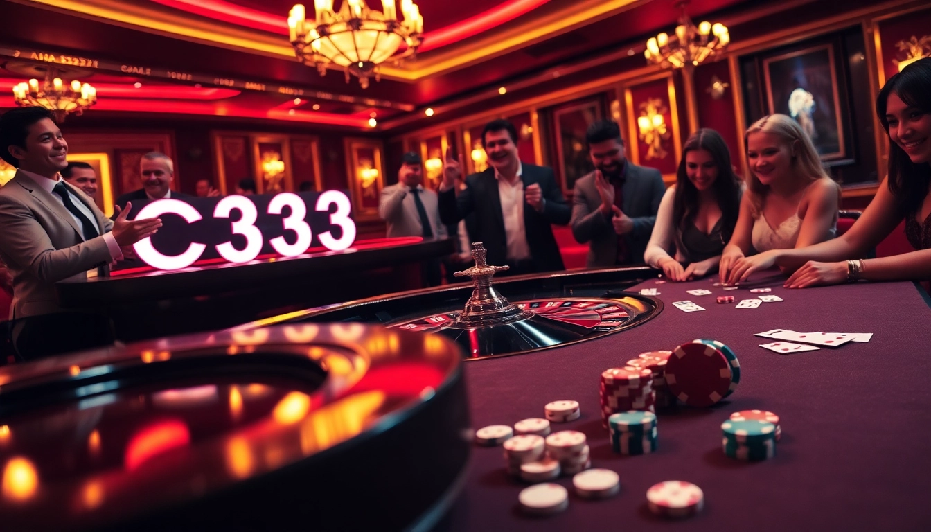 Cena de cassino C333 com mesa de roleta vibrante e jogadores ansiosos aproveitando ação de altas apostas.