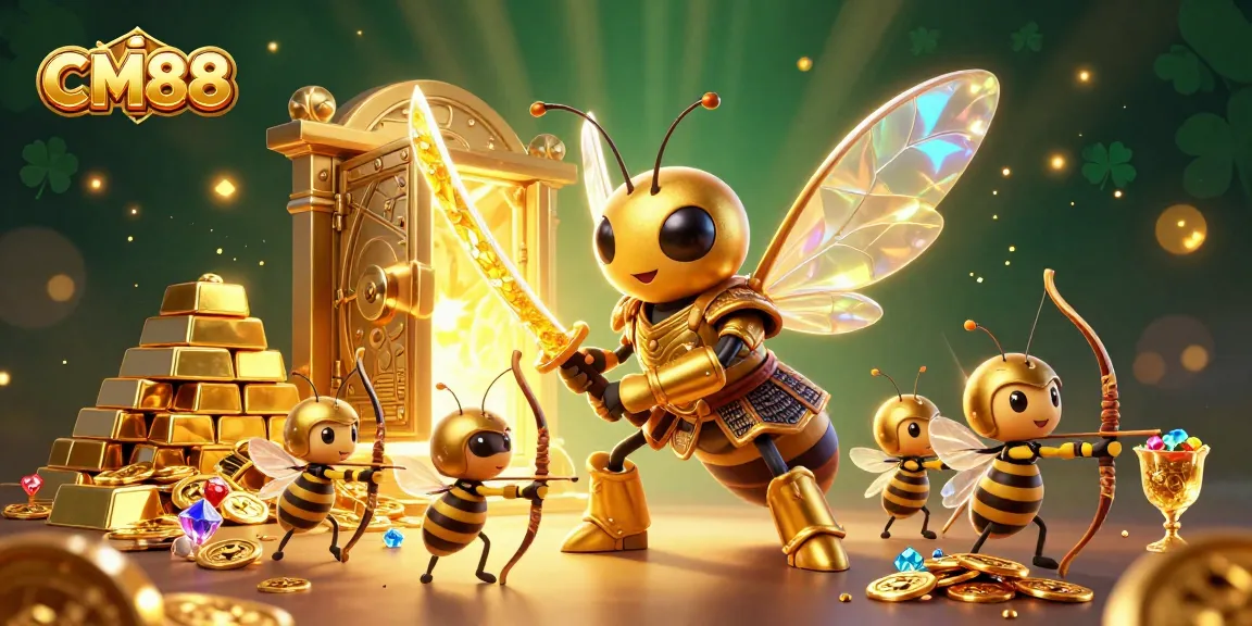 Experience CM88's vibrant casino adventure with golden hornets and treasures in this dynamic illustration.