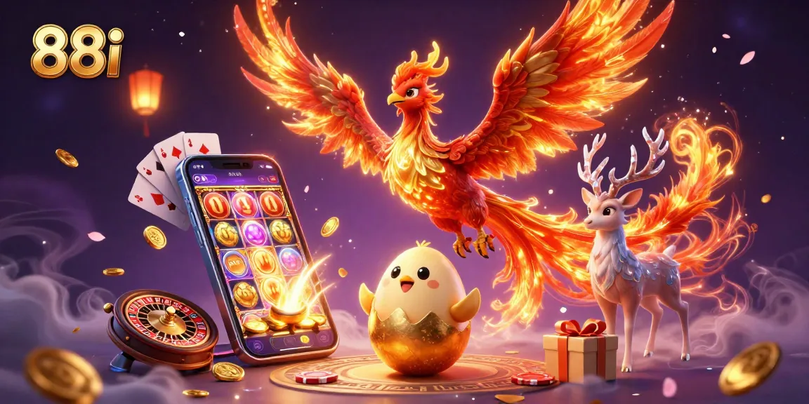 Experience thrilling wins with 88i as a phoenix rises in a vibrant casino scene featuring slot games and jackpots.