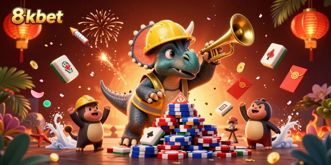 Engage in thrilling gameplay at 8xbet with unique characters celebrating a poker chip pyramid.