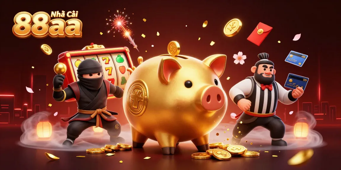 Experience vibrant gaming at Nhà cái 88aa with a golden piggy sumo wrestler, thrilling slots, and festive elements.