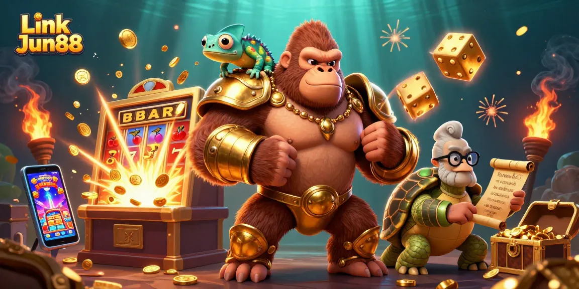Spin and win with Link Jun88, featuring dynamic casino characters and a jackpot slot explosion!