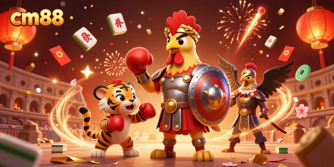 Experience the thrill of cm88 gambling with a dynamic scene featuring epic characters and festive elements.