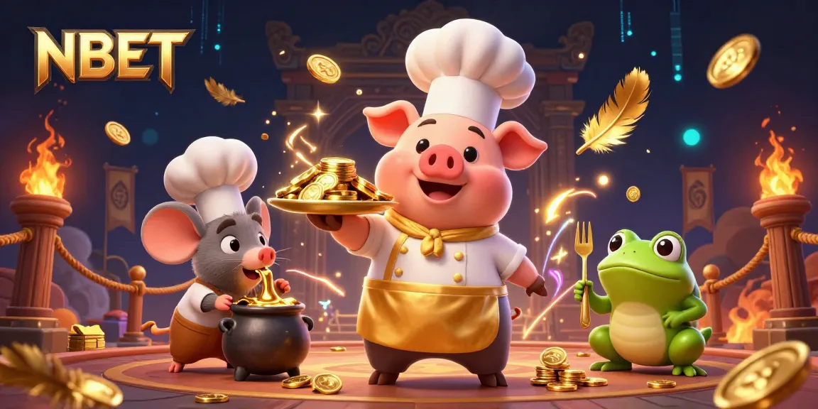 Experience the thrilling atmosphere of NBET with a chef pig, sous-chef mouse, and critic frog amidst gold coins.