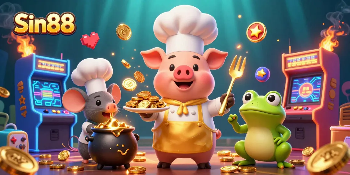 Win big at Sin88 while enjoying gourmet gold coins served by a chef pig in a vibrant casino.